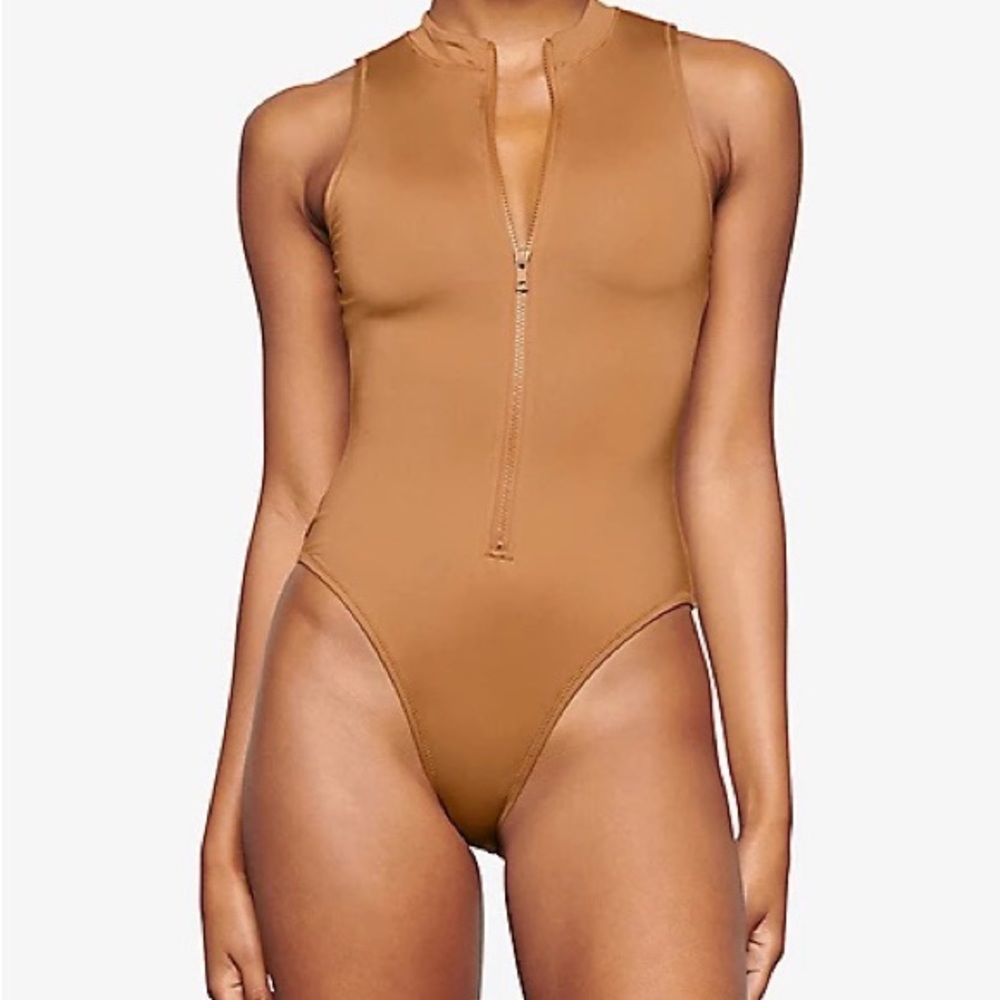 Signature Swim Zip Front One Piece Swimsuit Almond